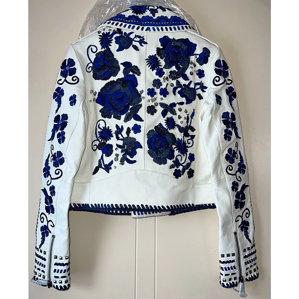 Alice + Olivia Cody Embroidered Floral Studded Embellished Leather Moto Jacket - Picture 11 of 17